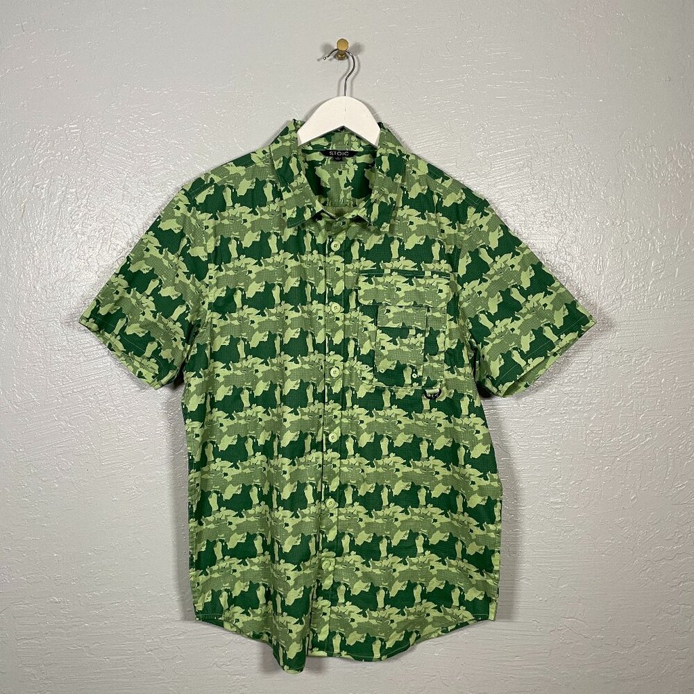 Stoic Men M Green Camo Print Shirt Ripstop Button Front Short Sleeve Gorpcore